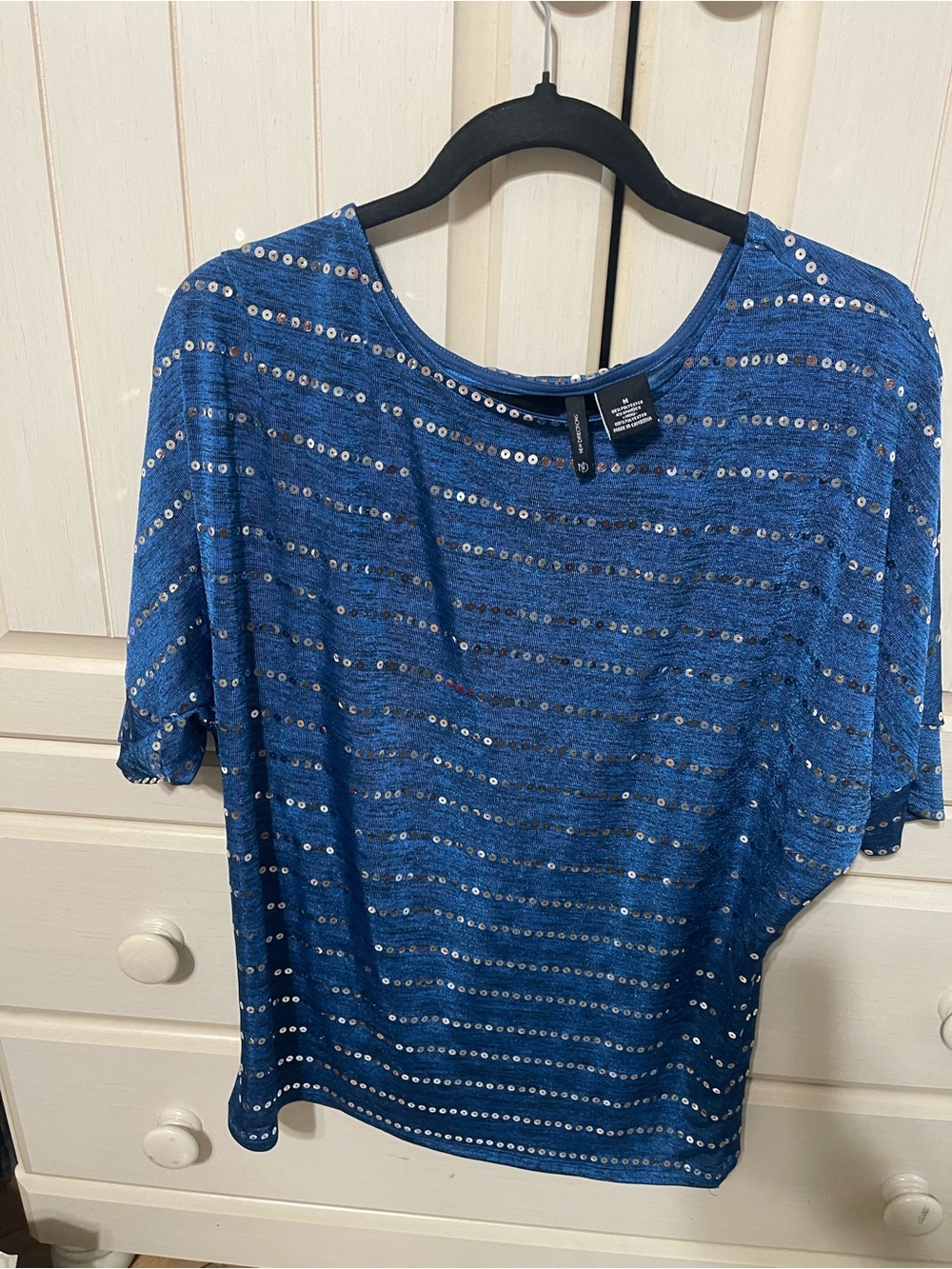 new directions Blue Sequin Stripe Short Sleeve Top